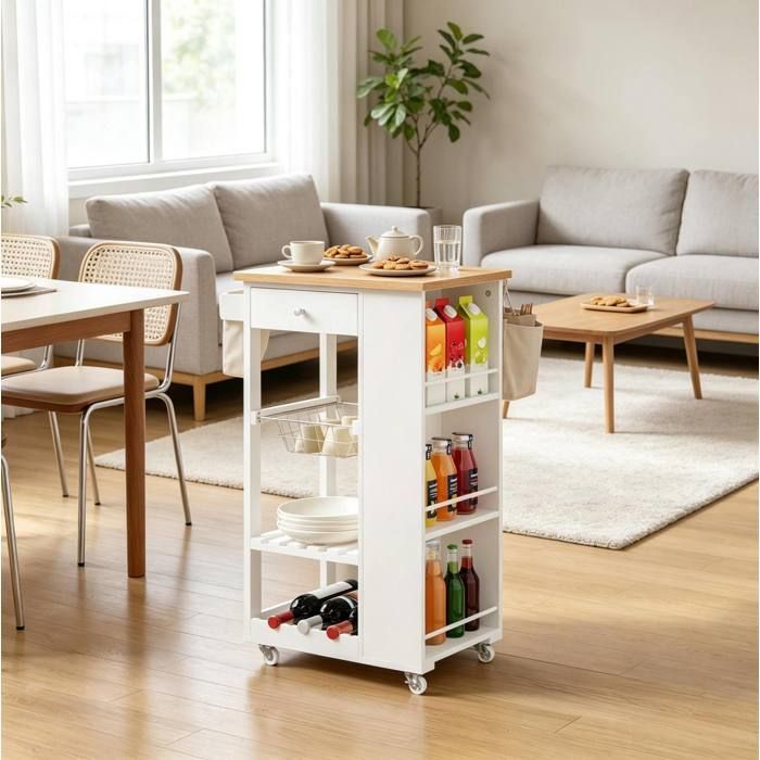 COVREO Desserte de cuisine à roulettes 50 x 37 x 87 cm avec tiroir porte-bouteilles blanc aspect bambou