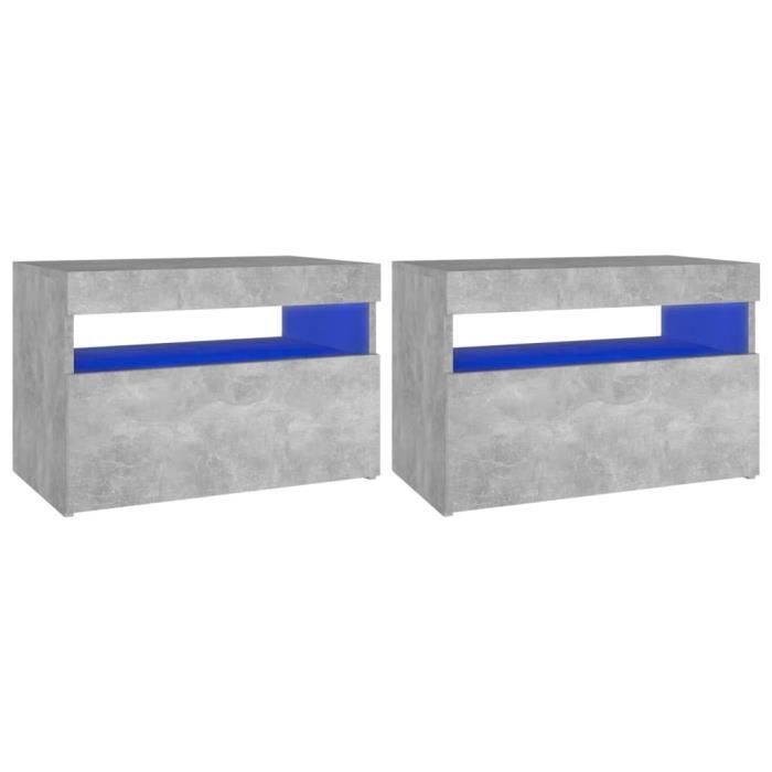 Table de chevet - AKOZON - 2 pcs - Gris béton - Bois dingénierie - Lumières LED RVB