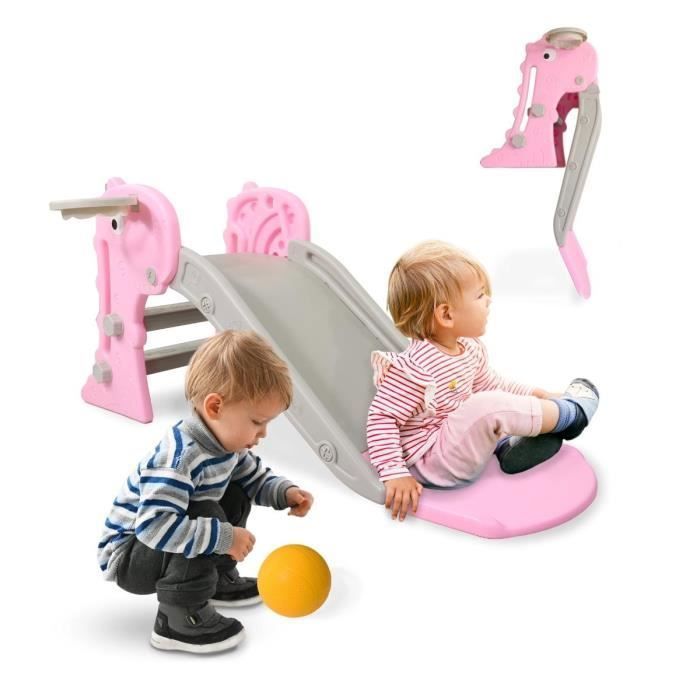 Toboggan pour enfants  Pliable  Comprend panier et ballon  Bords arrondis  Marches antidérapantes  Max. 35kg  Rose  Dino