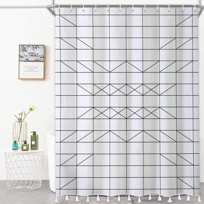 183 X 183 Cm Rideau De Douche Rustique En Polyester Et Lin Neutre A Rayures Boheme Beige Pour Salle De Bain Avec Pompons 96300353