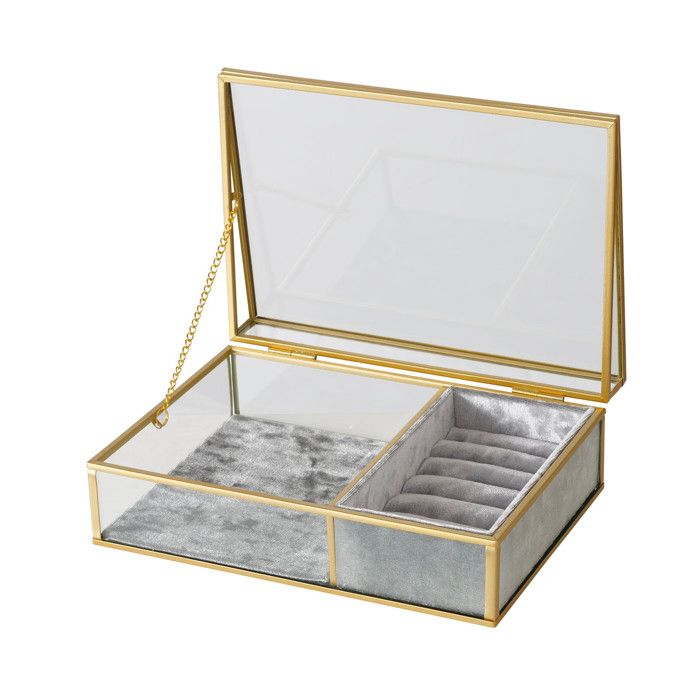 Boîte à bijoux en métal doré verre et velours gris 23x16x8cm