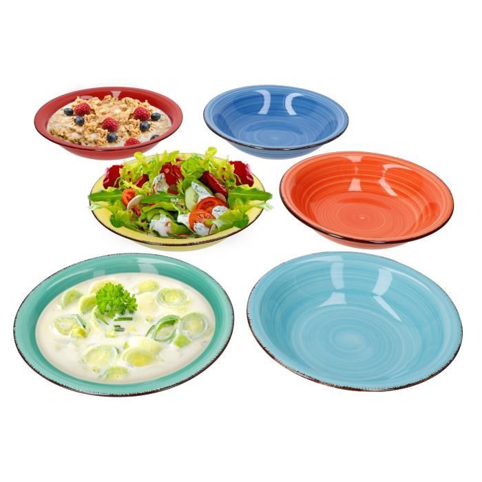 Set de 6 assiettes creuses Color Power style rétro I Ø 21 cm I assiette creuse I 6 couleurs I décor strudel