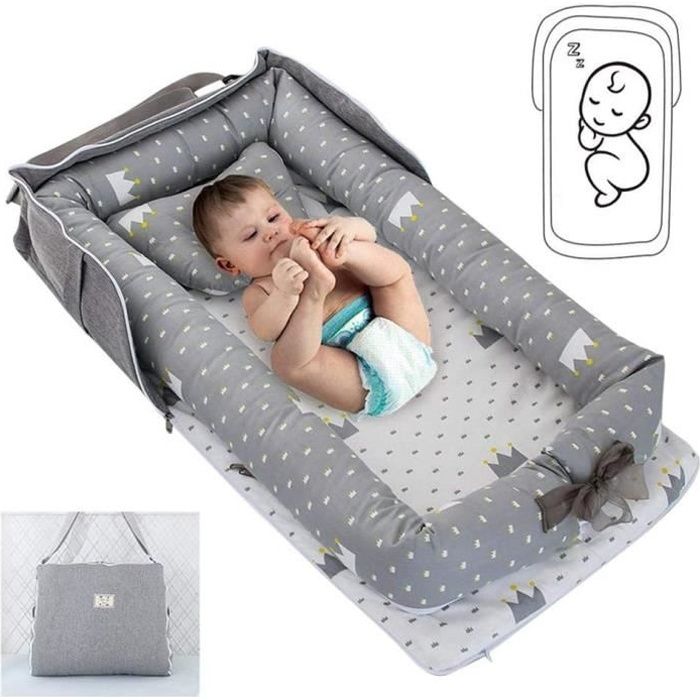 Lit De Bébé Portable avec Oreiller, Berceau Respirant en Coton