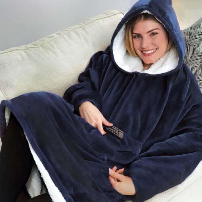 Couverture à Capuche Surdimensionnée En Flanelle - Poches Chaudes, Pour Femmes/adultes, Bleu Foncé - 11