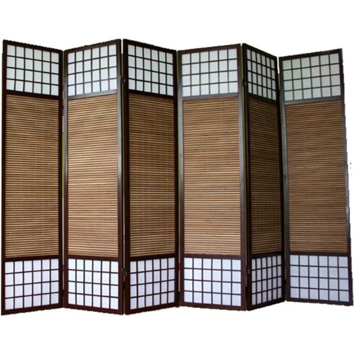 Paravent Japonais 6 Panneaux En Bois Et Papier De Riz – 264x175 Cm, Motif Bambou, Pliable, Pour Décoration Intérieure