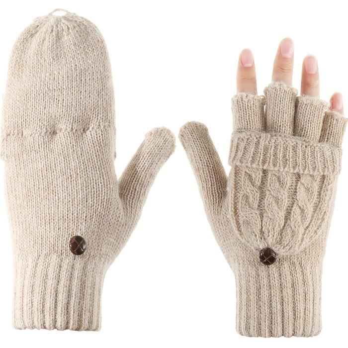 Mitaine Femme Hiver Chaud Gant en Tricot de Câble Mitaines Demi Doigt avec Couverture pour Jours Froids (Beige)
