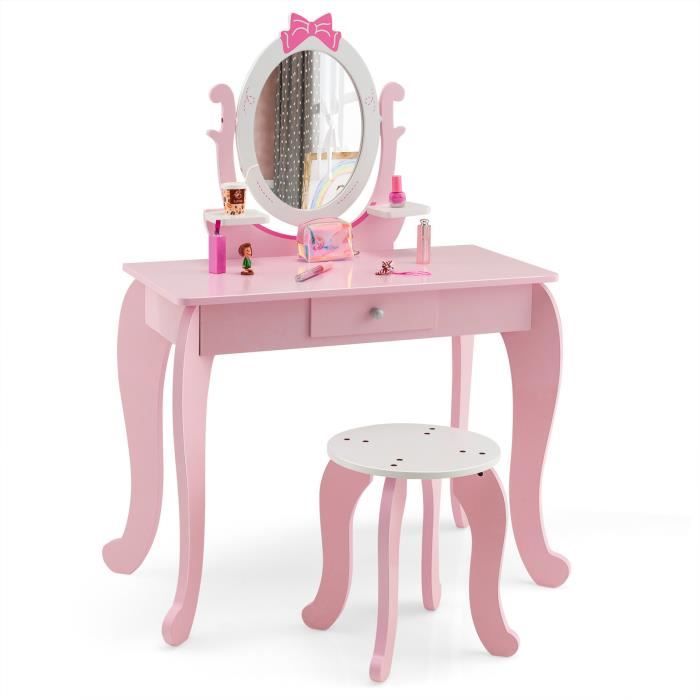 COSTWAY Coiffeuse pour Enfant avec Tabouret Table Maquillage en Bois avec Miroir Rotatif Ovale Tiroir et 2 Étagères Rose