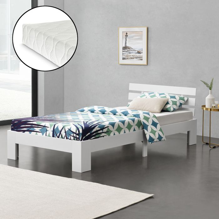 cadre de lit simple nivala à matelas à mousse à froid pin 90 x 200 cm blanc [en.casa]