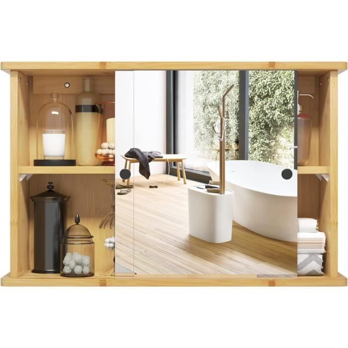 Armoire Salle De Bain Avec Miroir En Bambou – 2 Portes, 2 étagères Réglables, Design Mural (65x14x50,5 Cm) - 3