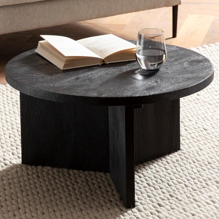 Table Basse Ronde - FINEBUY - Mango Bois Massif - Noir - 60 cm - Design ...