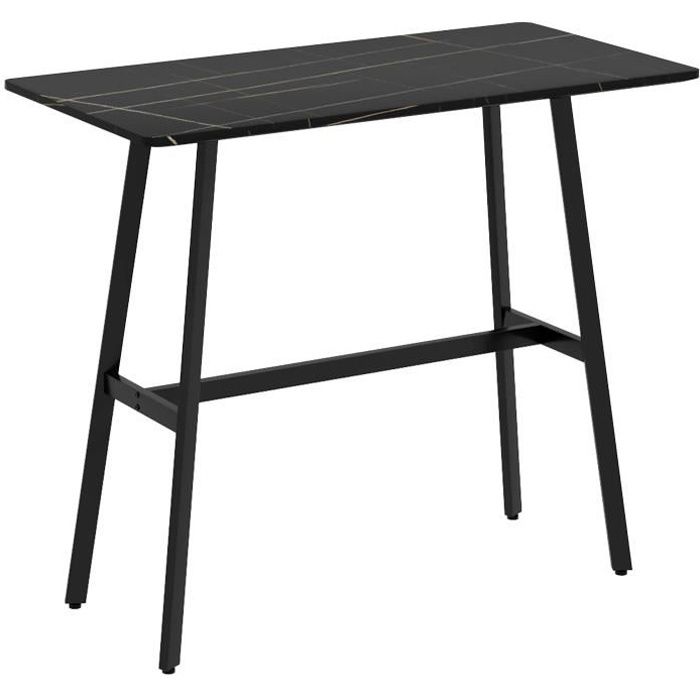 table de bar - table mange debout - dim. 118l x 58l x 98h cm - châssis piètement acier noir plateau aspect marbre noir veiné blanc