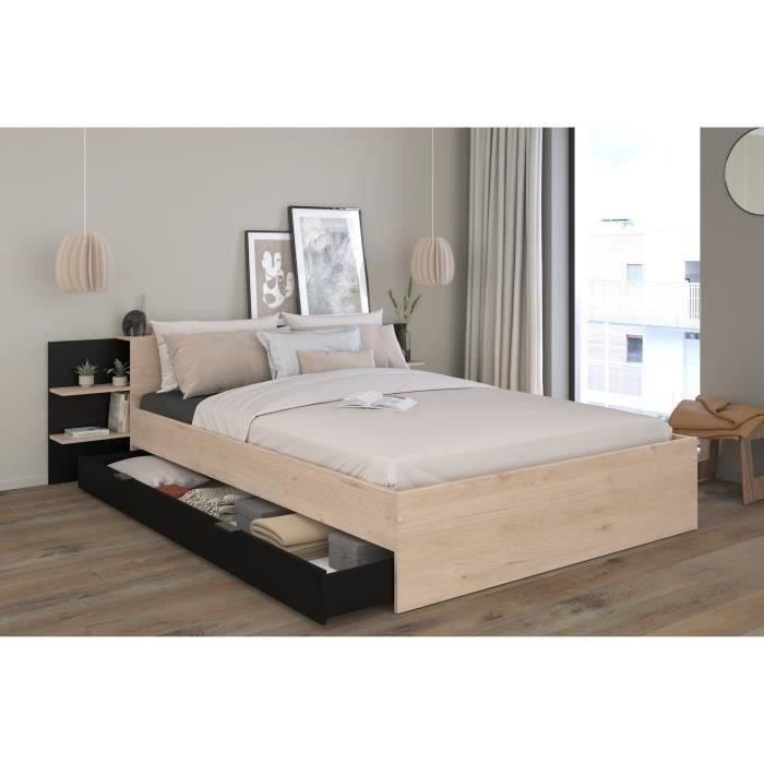 HORN Lit adulte 140 x 190 / 200 cm - Avec tiroir de rangement - Décor chêne et noir – PARISOT