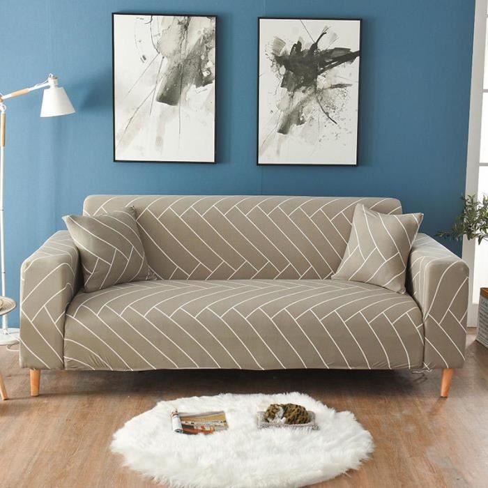 Housse de Canapé 4 Places Extensible Beige INSFITY - Imprimé Déhoussable Lavable - Longueur 235-300 cm