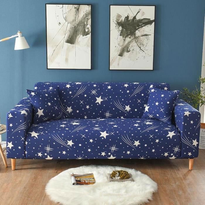 Housse de Canapé 2 Places INSFITY Imprimé Extensible Bleu - Déhoussable et Lavable - Pour Longueur de 145-185 cm