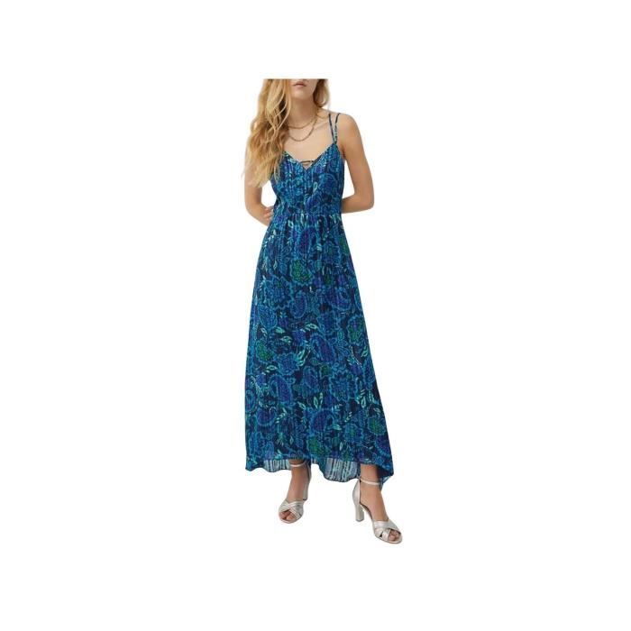 Robe longue à bretelles brodées imprimé floral - Marine