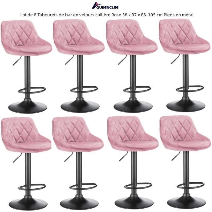 QUIIENCLEE Lot de 8 Tabourets de bar en velours cuillère Rose 38 x 37 x 85-105 cm Pieds en métal Charge max. 120 KG