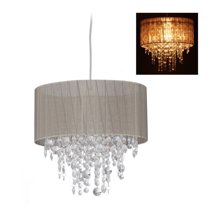 Relaxdays lampe suspension en cristal Abat-jour en organza E27 lustre pour salon Hx D 129 x 32 gris/argent