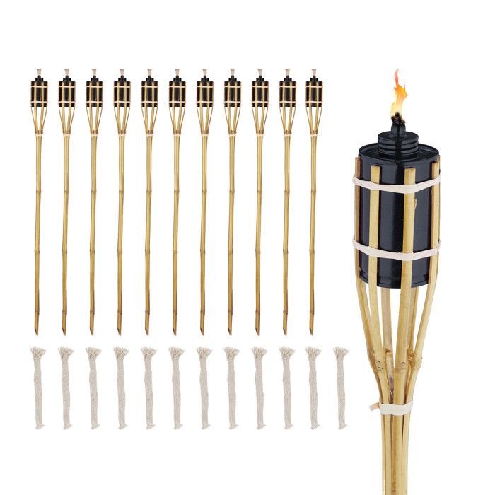 Lot De 10 Torches De Jardin En Bambou Relaxdays - Décoration Extérieure Jaune Avec Mèches