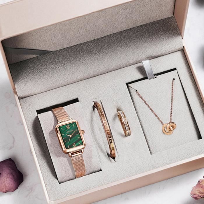 Coffret cadeau montre femme anneau+ collier+ bracelet- malachite rétro  élégant accessoires cadeau d'anniversaire