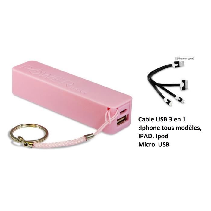 Batterie externe de secours 2600 mah Powerbank Rose avec câble