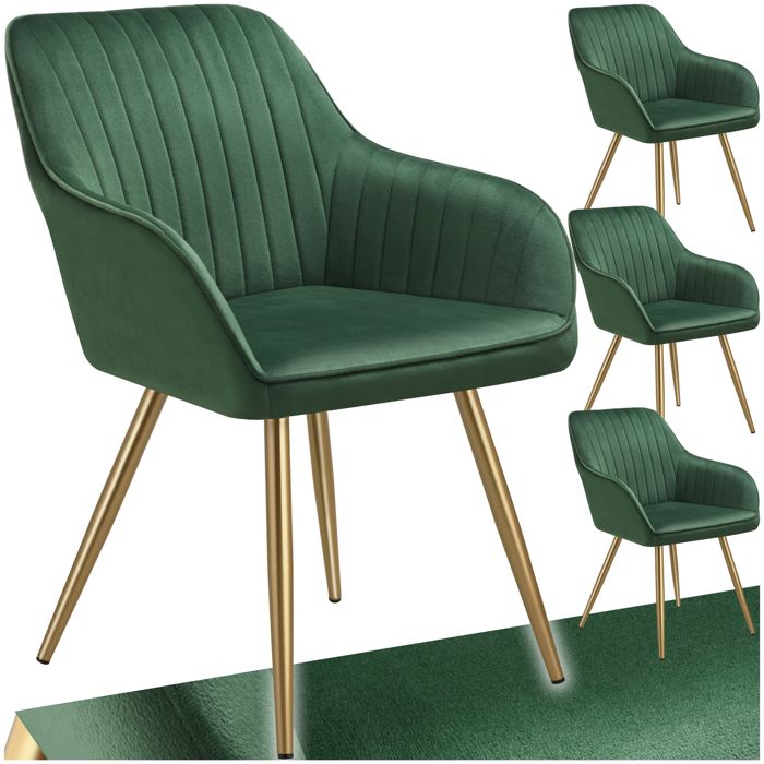 Chaise - TECTAKE - Lot de 4 chaises MARYLIN effet velours capitonné rembourrée et pieds acier doré 58 x 62 x 82 cm - Vert foncé/Or