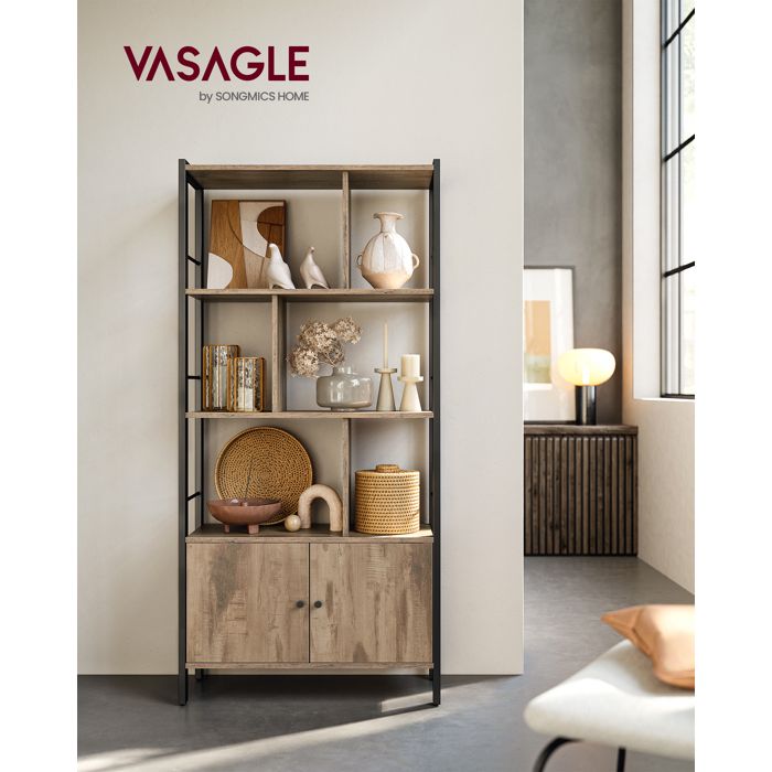 VASAGLE Étagère Bibliothèque à 4 Niveaux Meuble de Rangement Placad avec Portes Grand Cadre en Acier Marron Camel et Noir