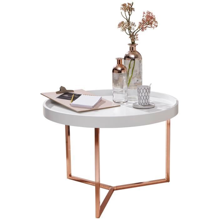table basse ronde rétro wohnling - blanc / cuivre - structure en métal - plateau en bois