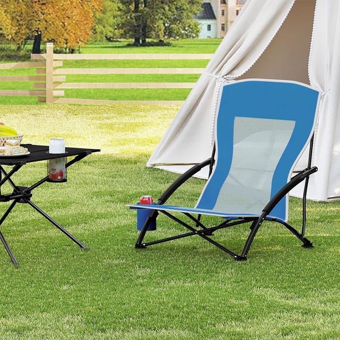 Chaise Pliante WOLTU – Pour Camping, Plage, Pêche, Assise Confortable, Dossier En Maille, Porte-gobelet, Capacité 110 Kg, Bleu