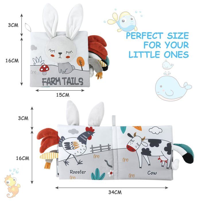 Livre D'éveil En Tissu Pour Bébé Avec Queues D'animaux Douces - Jouet Sensoriel Et éducatif Dès 3 Mois - Lavable à La Main