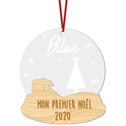 Boule De Neige Mon Premier Noël Personnalisable, Prénom Ou Texte Au Choix -  En Bois Et Pléxiglas[u13369]