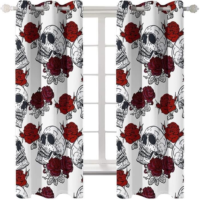 Rideau Occultant Imprimé Rose et Tête de Mort Blanc Noir Rouge
