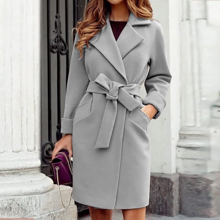 Manteau Femmes Automne Et Hiver Revers De Laine Trench Veste Long Pardessus Outwear Gris