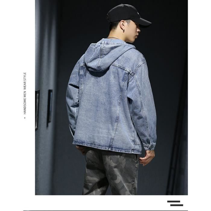 Veste en Jean Homme avec Capuche Manches Longues Coupe Loose
