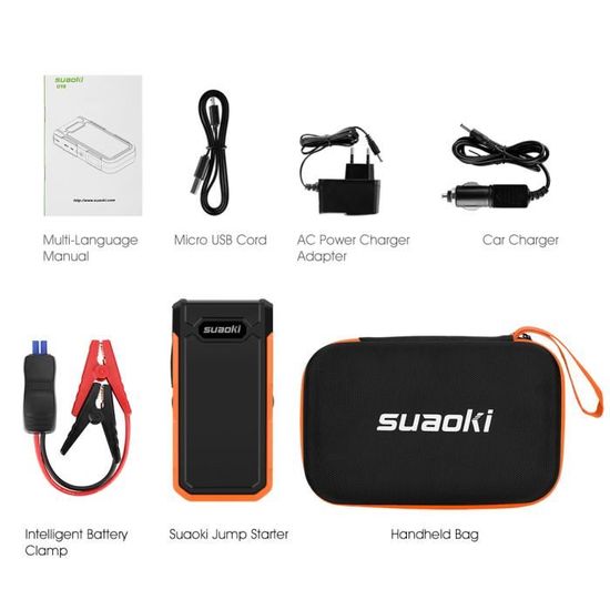 SUAOKI 800A Peak 20000mAh Booster Batterie Jump Starter Voiture avec Pinces Alligator intelligents Booster de D/émarrage Rechargeable et chargeur avec LED Flashlight Orange