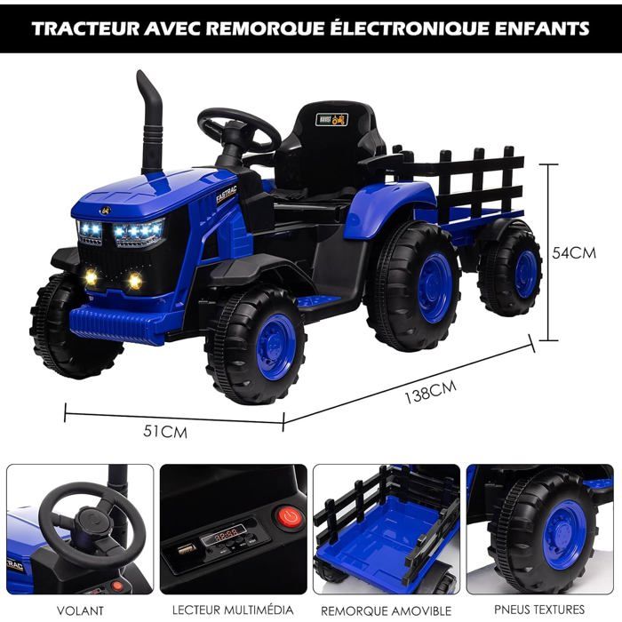 Tracteur électrique enfants - AIYAPLAY - remorque amovible - télécommande 2, 4G - PP et métal - 139x58x55cm - bleu - Jeux - Jouets Tracteur électrique enfants - AIYAPLAY - remorque amovible - télécommande 2, 4G - PP et métal - 139x58x55cm - bleu - Jeux - Jouets