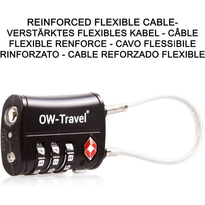 OW-Travel Cadenas cable TSA pour valise.Cadenas code 3 chiffres Antivol  pour Bagages Casier rangement Tente Camping.TSA bagages combinaison  USA.Accessoires voyage avion:Serrure valise TSA 007 4 Noir : : Mode