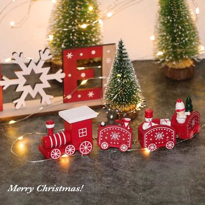 Train De Noël En Bois Rouge - Décoration Miniature Avec Père Noël, Bonhommes De Neige Et Cadeaux, Pour Sapin Ou Table De Fête