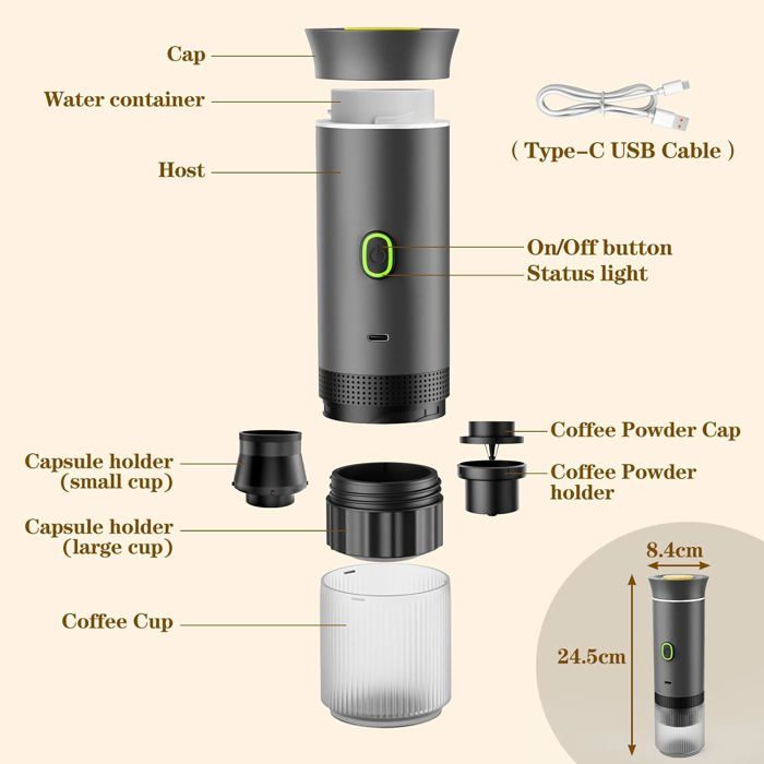 Machine à café expresso portable HiBREW H4C 3-en-1, cafetière de voyage, batterie lithium 7500 mAh, auto-chauffante, compatible capsules NS DG et café moulu 6 Machine à café expresso portable HiBREW H4C 3-en-1, cafetière de voyage, batterie lithium 7500 mAh, auto-chauffante, compatible capsules NS DG et café moulu 6