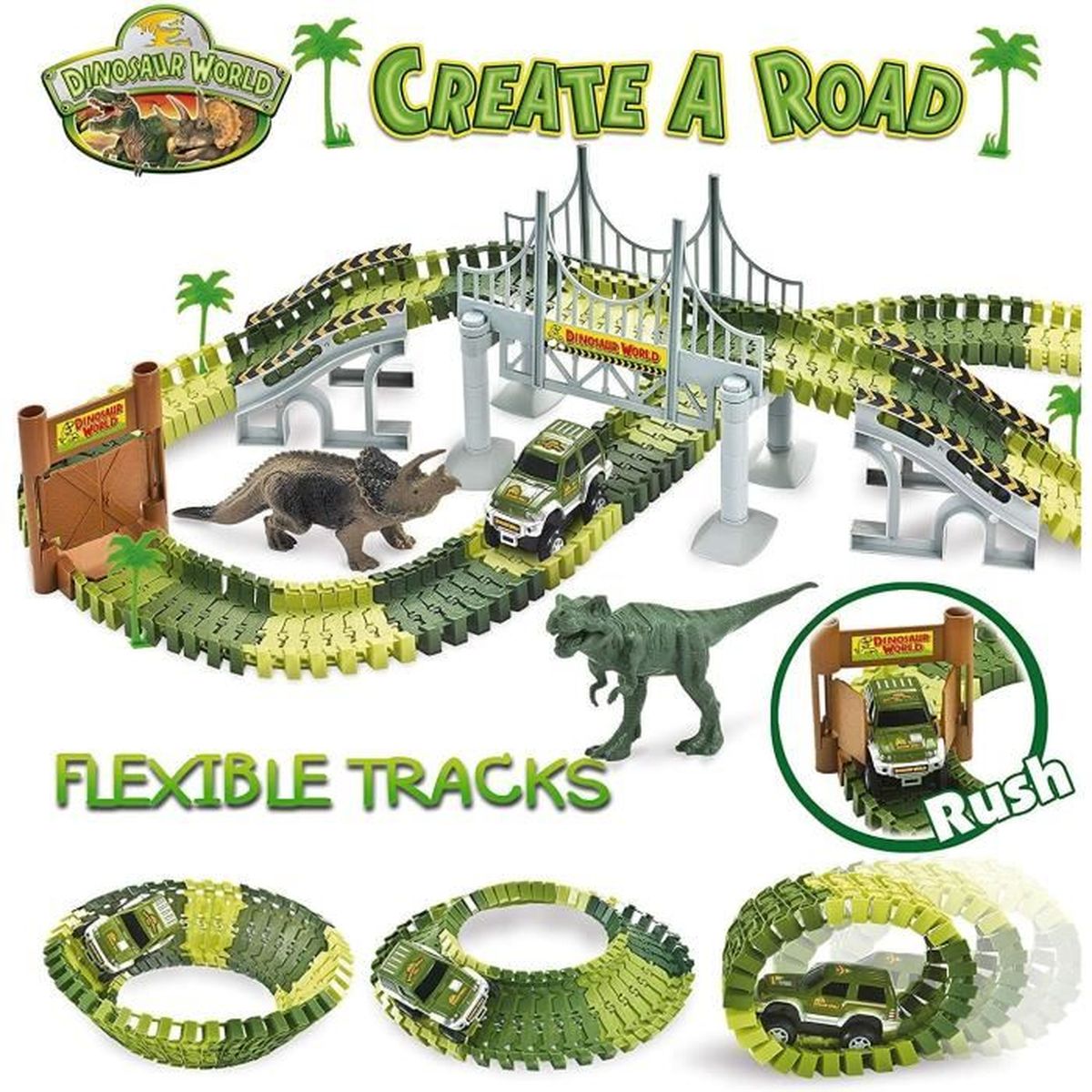 Wishtime Dinosaur Race Track Toys Set Pistes de Course de Voitures de Jeu pour Enfants Dinosaur World Bridge Créer Une Route 142 pièces Voiture Jouet et Piste Flexible Playset Toy Cars 