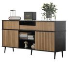 EKESOR Buffet Salon Bas Moderne, Meuble d'Entrée 4 portes, chêne combiné avec noir, noir et Bois, L 160 x P 40 x H 80 cm
