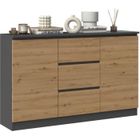 HUCOCO CAZAR - Commode 2 portes + 3 tiroirs - Dimensions : 75x120x30 - Meuble de rangement - Buffet - Gris&Chêne 120x30x70