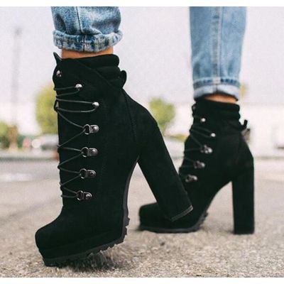 Boots femme talon haut noir Bottes hiver fille Boots lacets