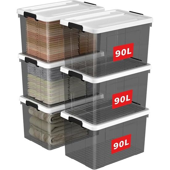Lot de 6 Bacs de Rangement 90L, Poignées et Couvercles Empilables ...