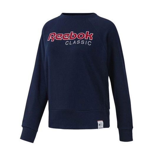 Sweat Reebok AC Iconic Fleece Femme Bleu Rouge Col rond Manches longues Logo sur poitrine Coupe droite