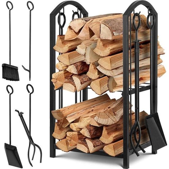 Étagère à Bois De Cheminée KESSER - 2 Niveaux Métal 40x30x74.5cm - Noir - Avec 4 Outils - Charge 30kg/niveau