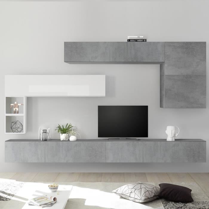 Meuble TV suspendu blanc laqué et gris PIANA Gris L 275 x P 30 x H 200 cm