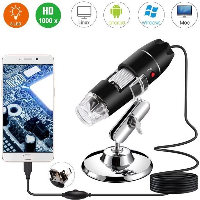 Microscope numérique USB, Endoscope de grossissement 40X-1000X Portable Bysameyee, Microscope Digital 8 LED pour Windows 7/8/10 Mac