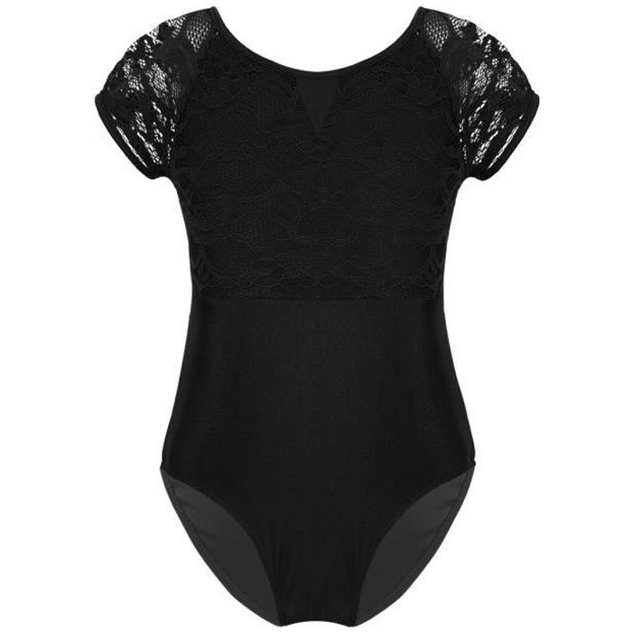 Justaucorps Gymnastique Fille Enfants Manches Courtes Dentelle Leotard 2-14 Ans Noir