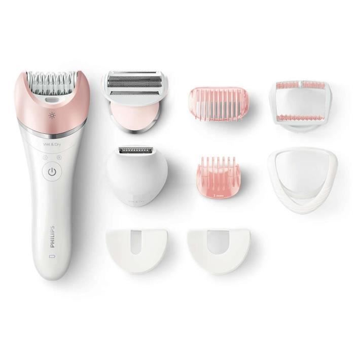 PHILIPS BRE640/10 SATINELLE ADVANCED Épilateur avec 8 accessoires -100% étanche - tête extra-large - Blanc/Rose