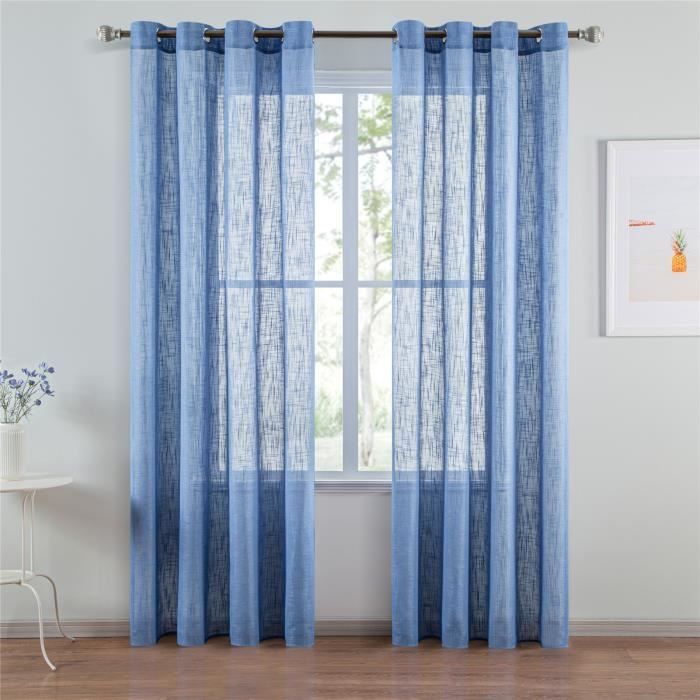 Rideaux Voilage Bleu 140x220 cm à Oeillet en Lin - Simple Élégant pour Salon Moderne Chambre Fille - 2 pièces